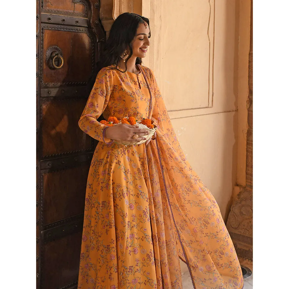 Janasya Yellow Georgette Floral Print Kurta with Flared Palazzo and Dupatta (Set of 3)