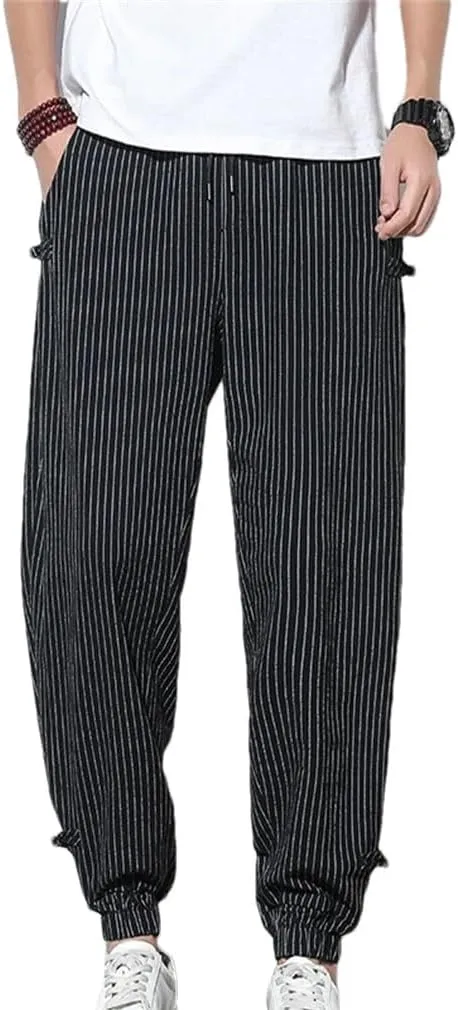 Japanese Style Summer Thin Striped Harem Pants Men Cotton Buckle Breathable Linen Pants Men Jogging Pants
