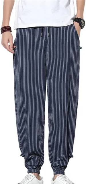 Japanese Style Summer Thin Striped Harem Pants Men Cotton Buckle Breathable Linen Pants Men Jogging Pants