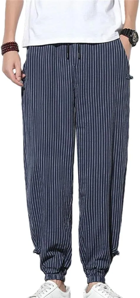Japanese Style Summer Thin Striped Harem Pants Men Cotton Buckle Breathable Linen Pants Men Jogging Pants