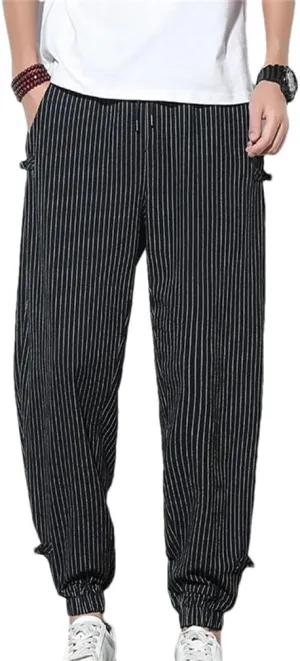 Japanese Style Summer Thin Striped Harem Pants Men Cotton Buckle Breathable Linen Pants Men Jogging Pants