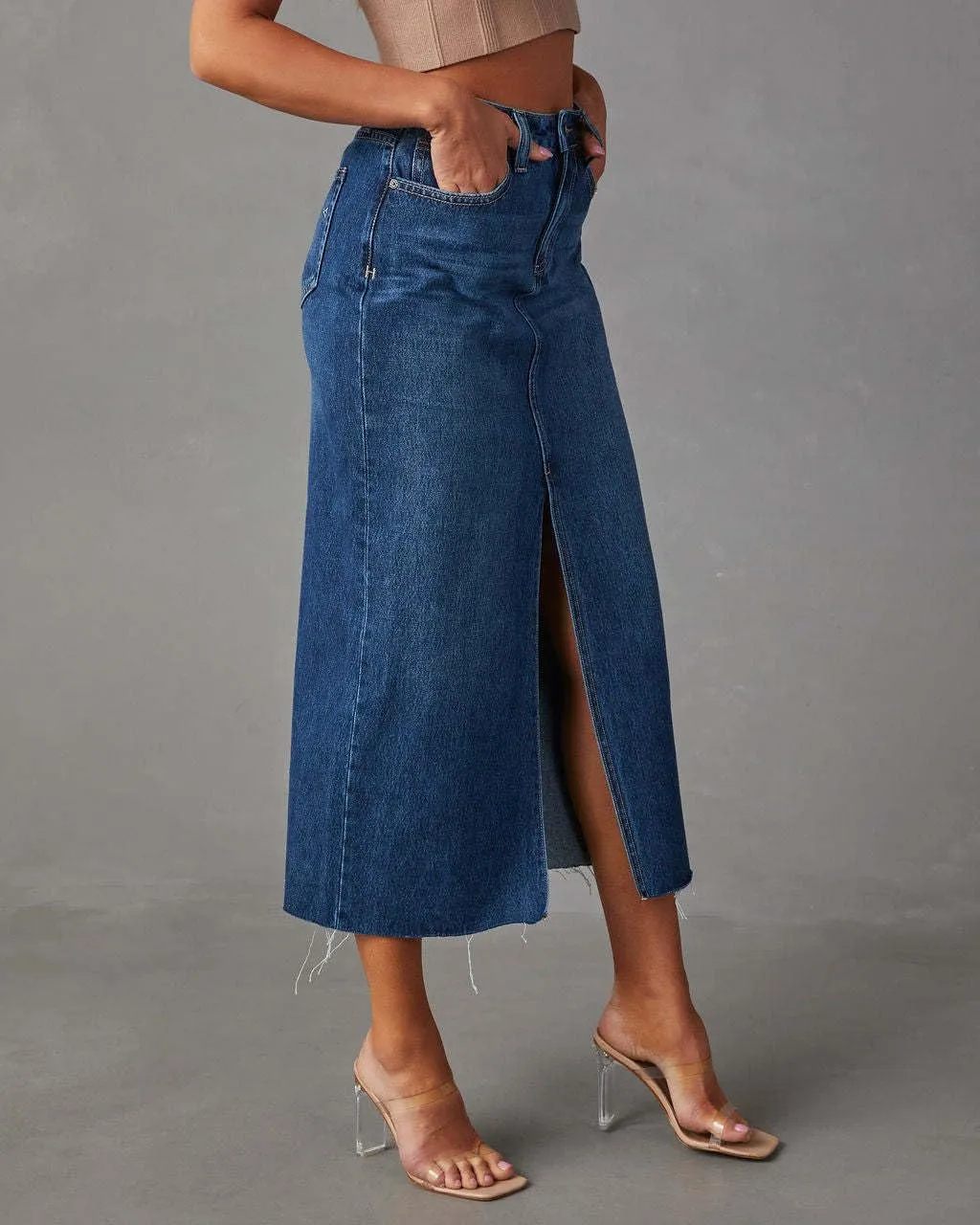 Jean Skirts for Women Denim High Waisted Slit Casual Long Skirt with Pockets