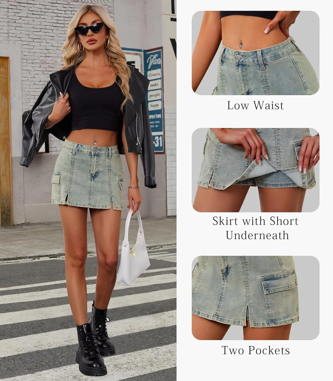 Jean Skorts Skirts for Women Denim High Waisted Two Side Slit Mini Y2K Casual Shorts with Pockets