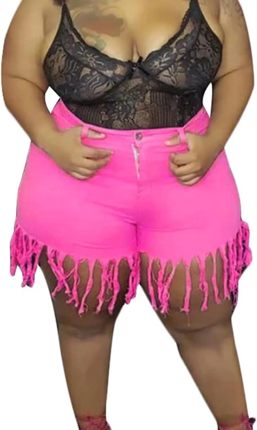 JEKE-DG Women Frayed Raw Denim Shorts High Waisted Tassels Stretchy Short Pants Hem Short Jeans Clubwear Jeans Short