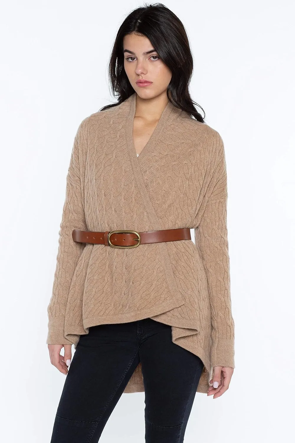 JENNIE LIU Women's 100% Pure Cashmere 4-ply Cable-Knit Drape-Front Open Cardigan Sweater