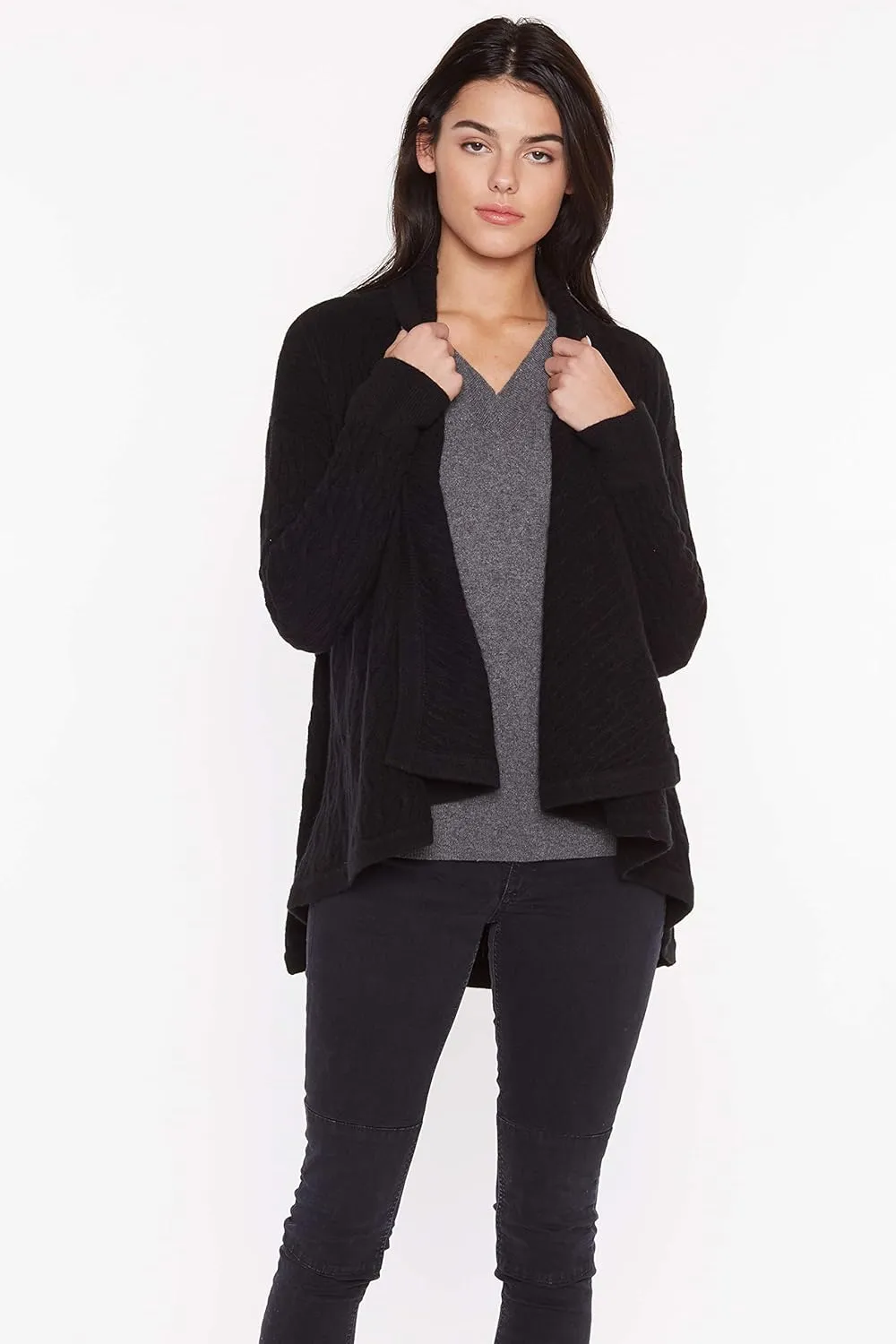 JENNIE LIU Women's 100% Pure Cashmere 4-ply Cable-Knit Drape-Front Open Cardigan Sweater
