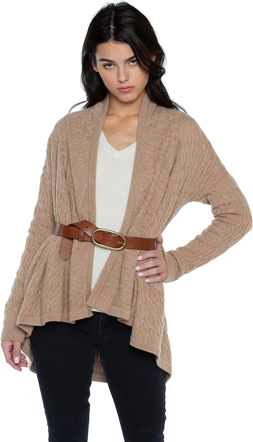 JENNIE LIU Women's 100% Pure Cashmere 4-ply Cable-Knit Drape-Front Open Cardigan Sweater