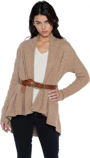 JENNIE LIU Women's 100% Pure Cashmere 4-ply Cable-Knit Drape-Front Open Cardigan Sweater