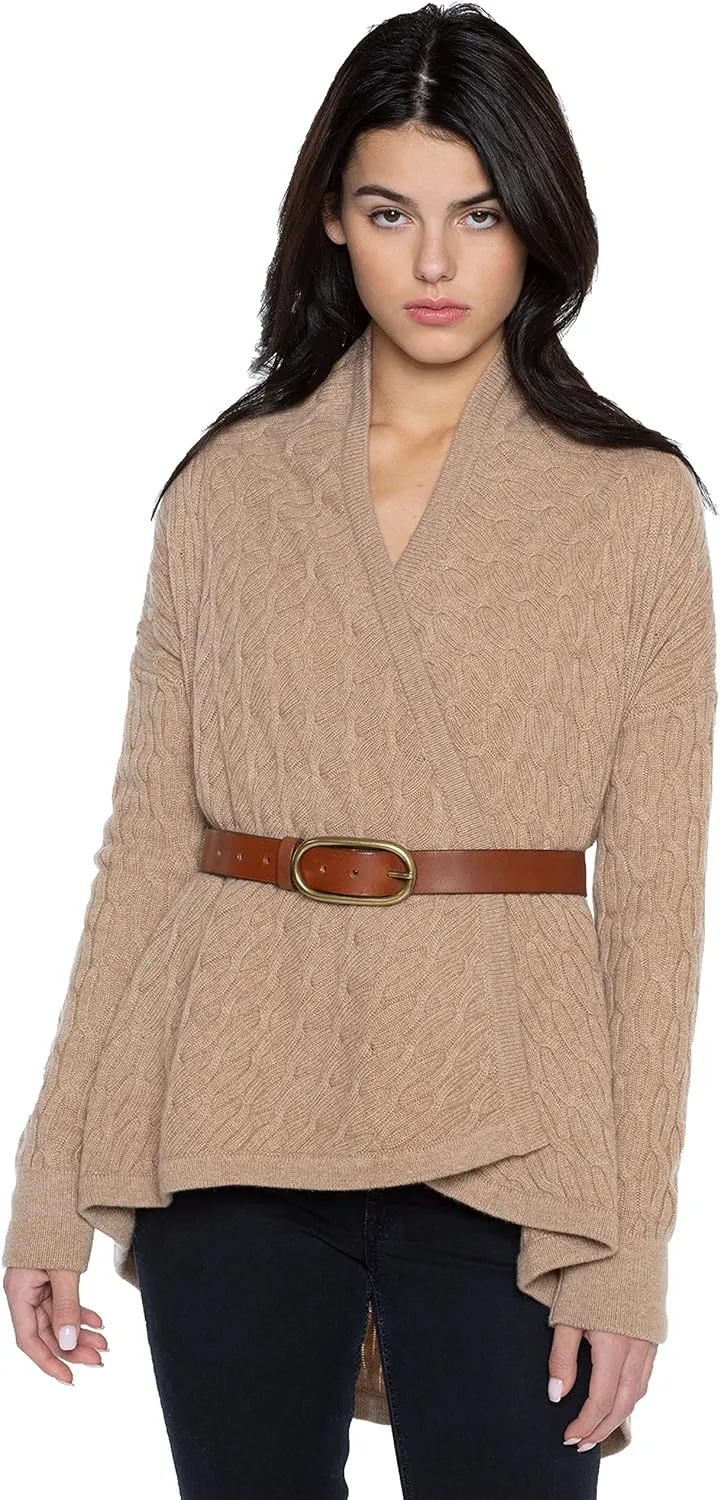 JENNIE LIU Women's 100% Pure Cashmere 4-ply Cable-Knit Drape-Front Open Cardigan Sweater