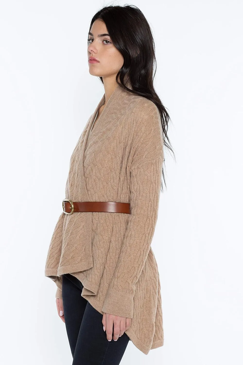 JENNIE LIU Women's 100% Pure Cashmere 4-ply Cable-Knit Drape-Front Open Cardigan Sweater