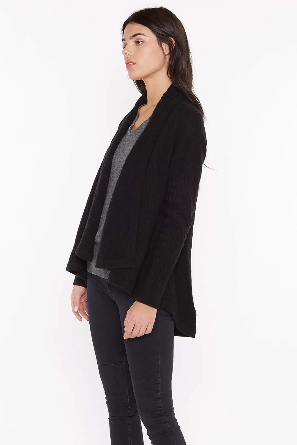 JENNIE LIU Women's 100% Pure Cashmere 4-ply Cable-Knit Drape-Front Open Cardigan Sweater