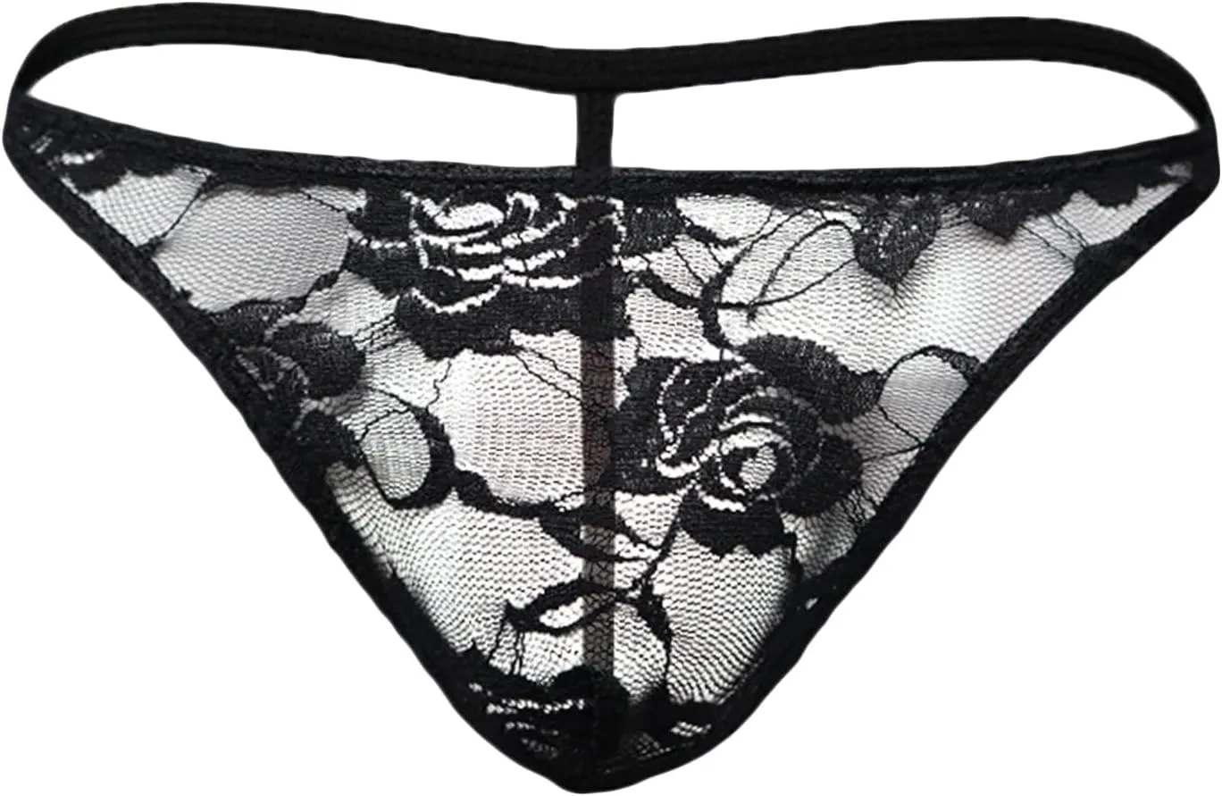 JEsilunmaMY Mens Lace Bikini Briefs Low Rise See Through Sissy Panties Underwear Backless Breathable Sheer T-Back Underpants