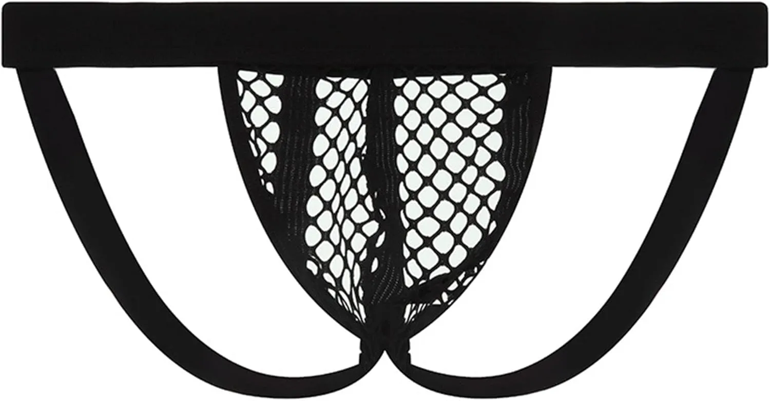 JEsilunmaMY Men's Mesh Thong Jockstrap See Through Briefs Bulge Bikini Underwear Hollow Out Breathable Athletic Supporters