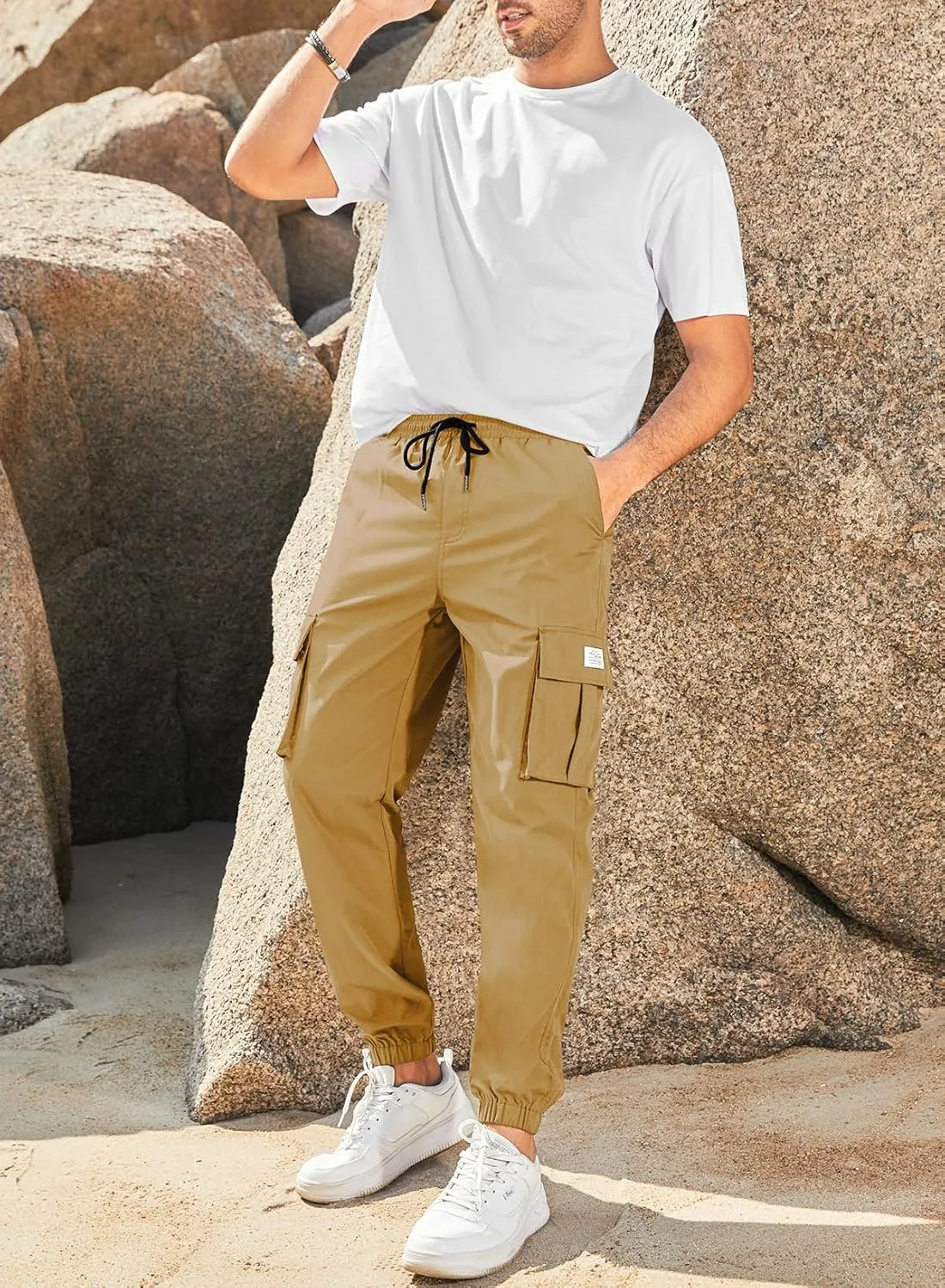 JMIERR Mens Casual Cargo Pants Stretch Elastic Waist Drawstring Joggers Pants Tapered Sweatpants for Men Multi Pockets