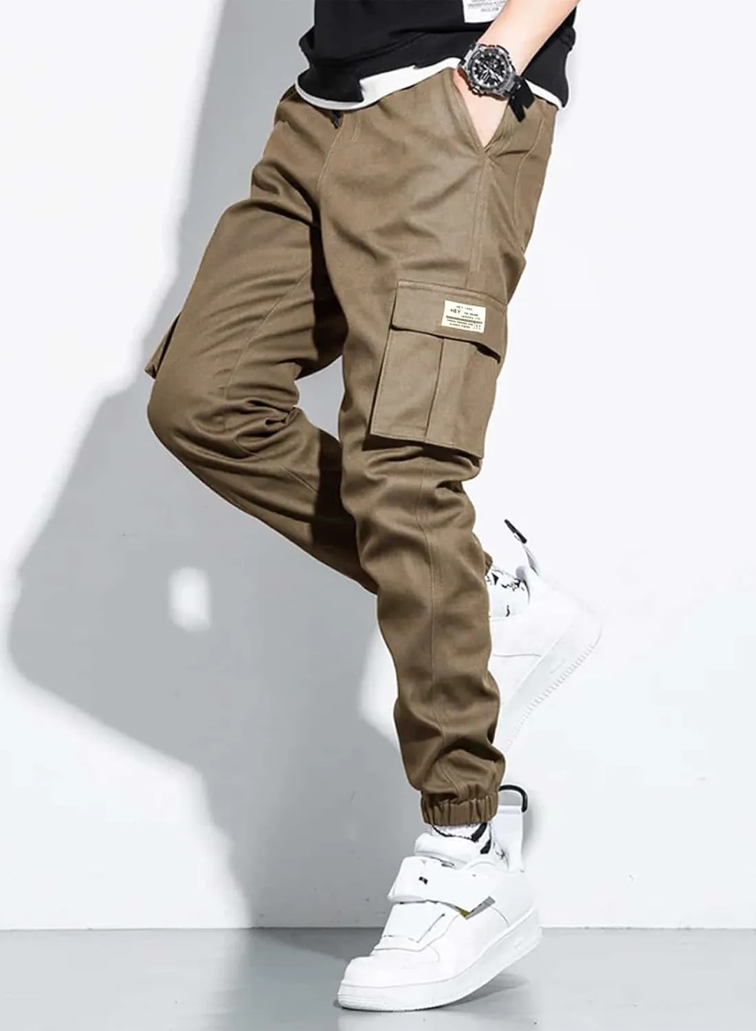 JMIERR Mens Casual Cargo Pants Stretch Elastic Waist Drawstring Joggers Pants Tapered Sweatpants for Men Multi Pockets
