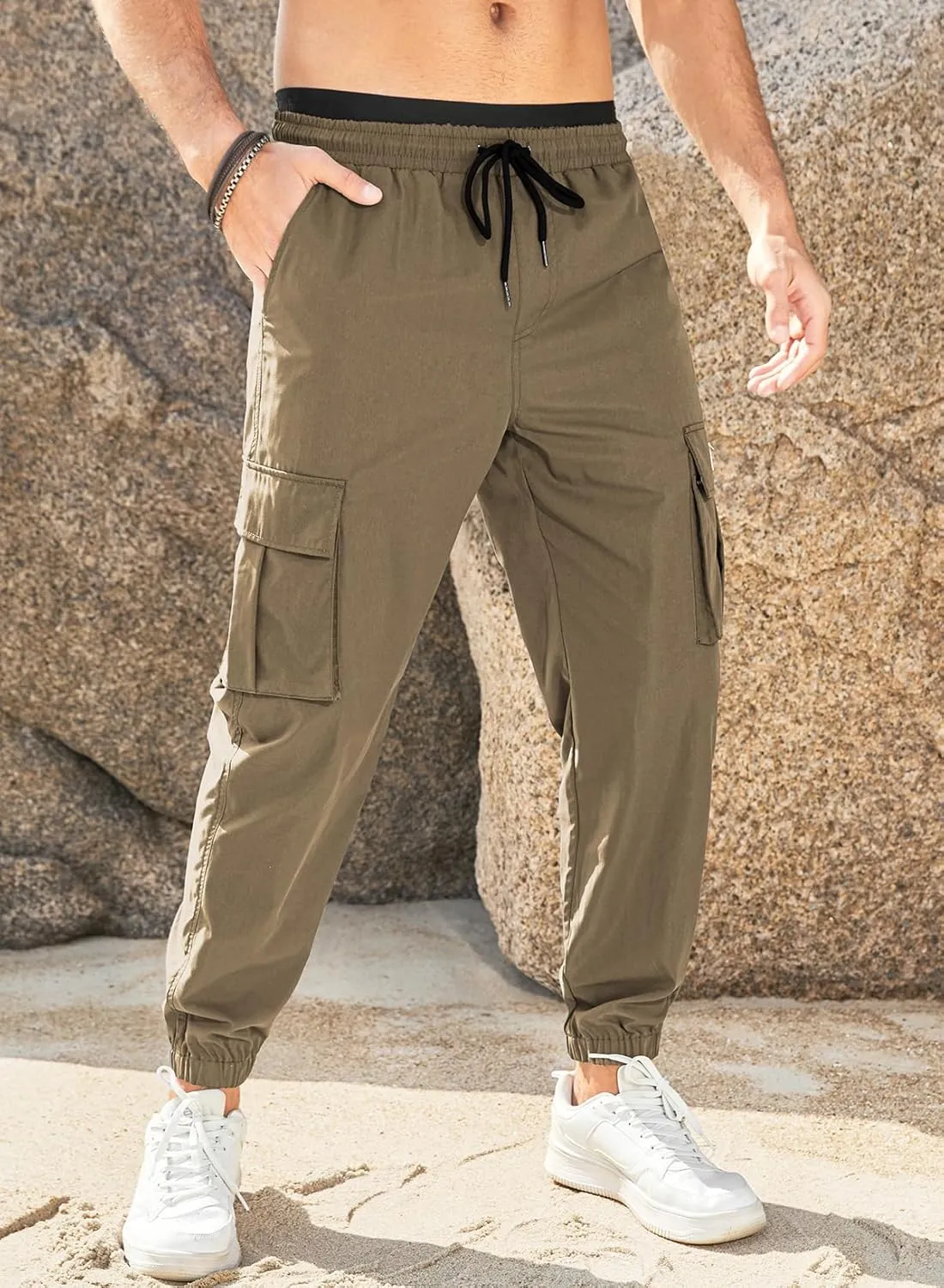 JMIERR Mens Casual Cargo Pants Stretch Elastic Waist Drawstring Joggers Pants Tapered Sweatpants for Men Multi Pockets