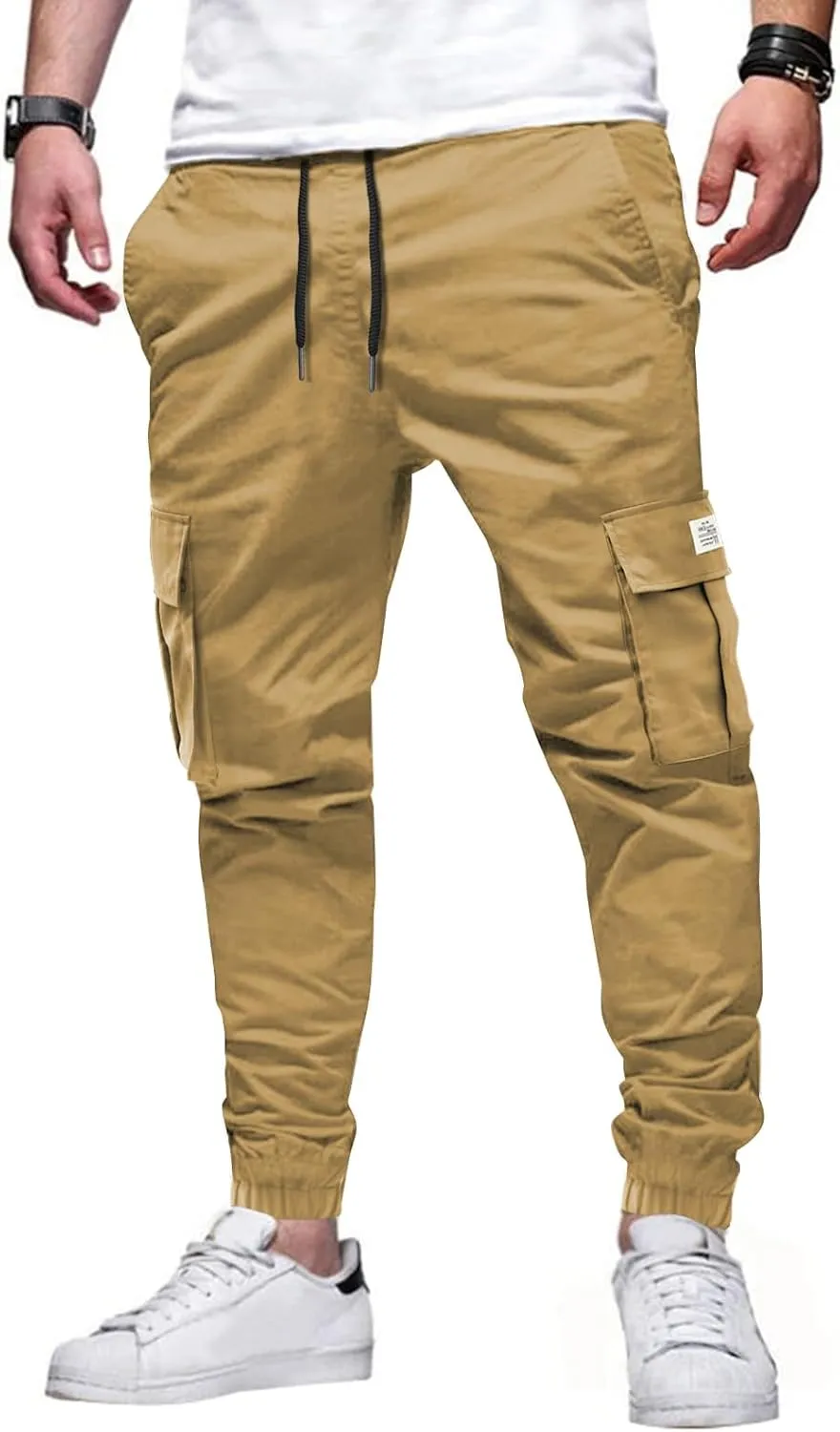 JMIERR Mens Casual Cargo Pants Stretch Elastic Waist Drawstring Joggers Pants Tapered Sweatpants for Men Multi Pockets