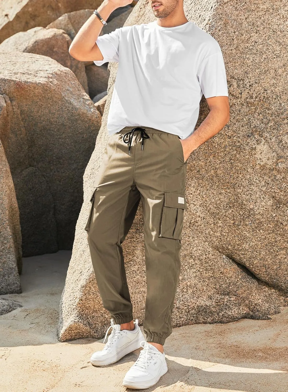 JMIERR Mens Casual Cargo Pants Stretch Elastic Waist Drawstring Joggers Pants Tapered Sweatpants for Men Multi Pockets