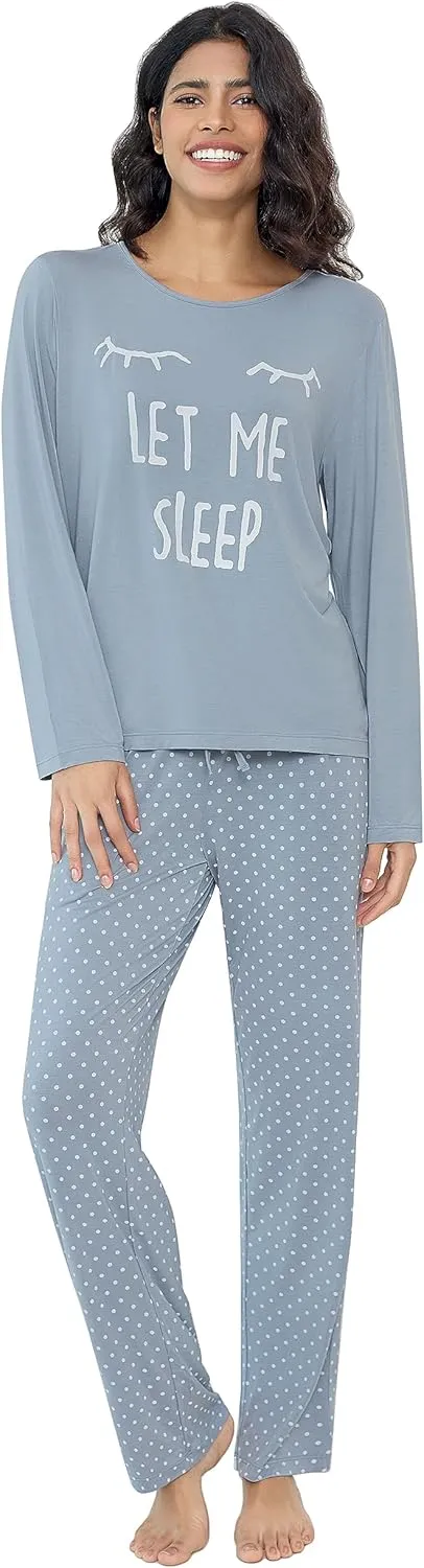 Joyaria Women's Bamboo Viscose Pajama Set - Ultra-Soft Breathable Long Sleeve Sleepwear Cute Printed Sleep Pant With Pocket