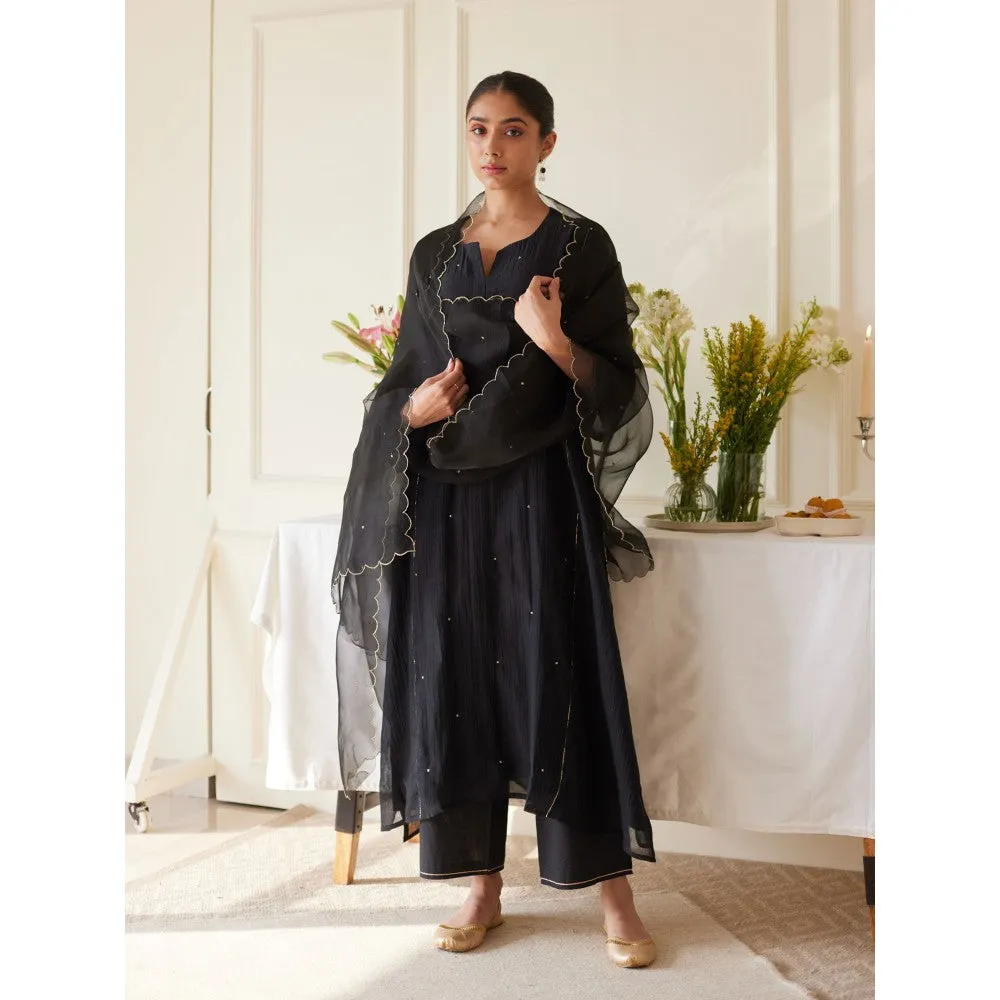 Juanita Black Handwoven Chanderi Kurta & Pant with Dupatta (Set of 3)
