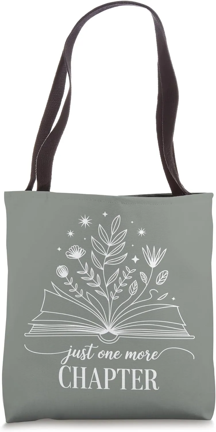 Just One More Chapter Bookish Reading Botanical Dusty Sage Tote Bag