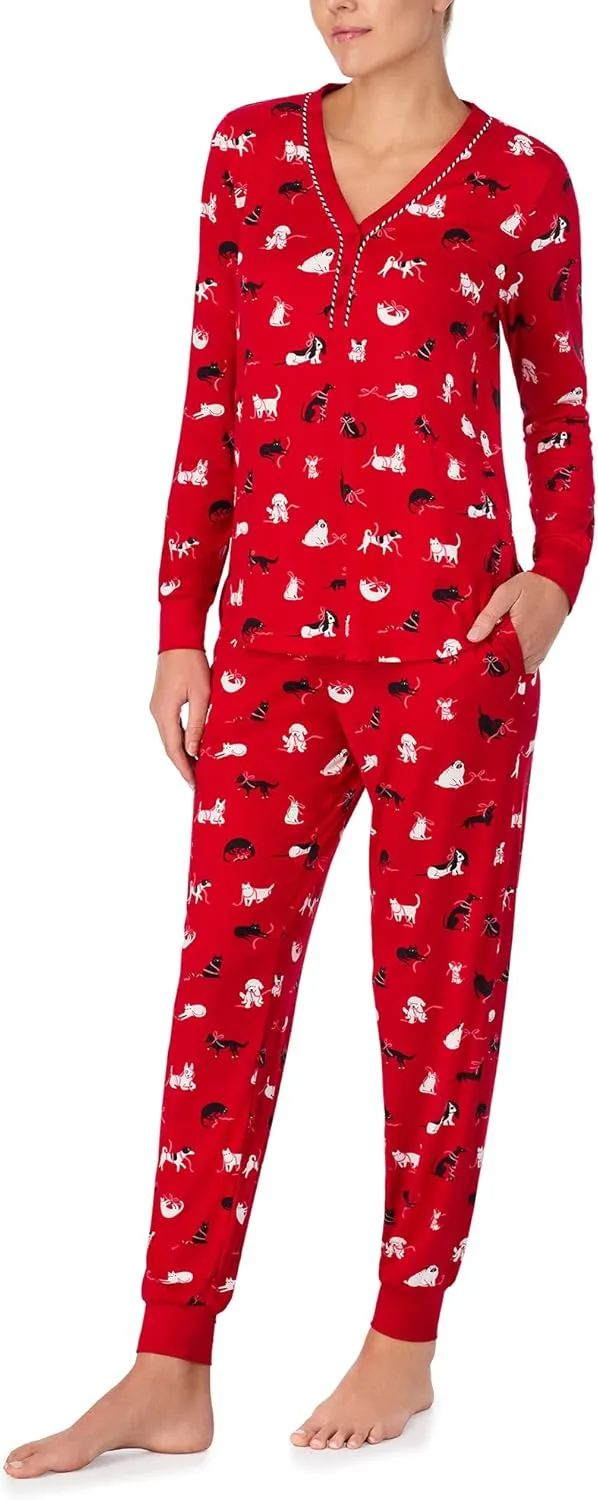 kate spade new york Women's 2-Piece Long Sleeve Henley Top & Jogger Pant Pajama Set, Brushed Cozy Soft Jersey, Ribbed Cuffs
