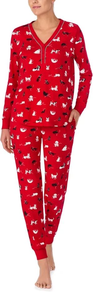 kate spade new york Women's 2-Piece Long Sleeve Henley Top & Jogger Pant Pajama Set, Brushed Cozy Soft Jersey, Ribbed Cuffs