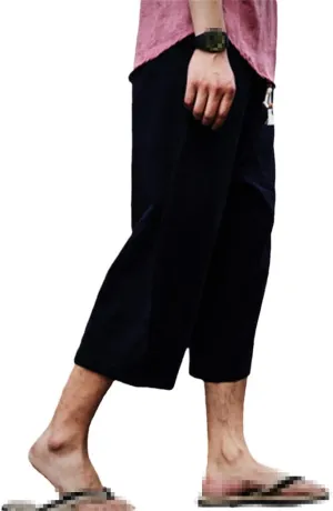keusyoi Men Cotton Linen Baggy Wide Leg Pants Men Hip Hop Harem Pants Men's Calf-Length Pants Trousers