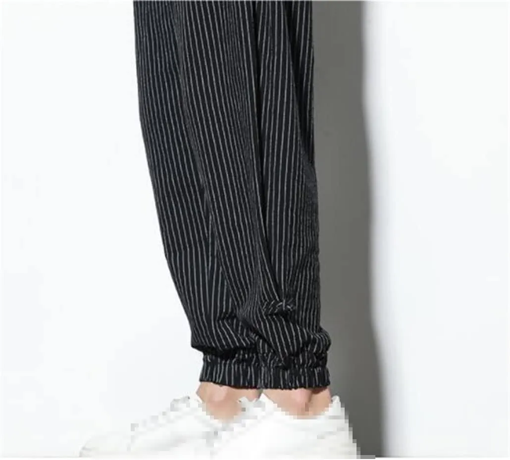 keusyoi Spring Summer Striped Harem Pants Mens Breathable Cotton Linen Pencil Pants Casual Beach Trousers