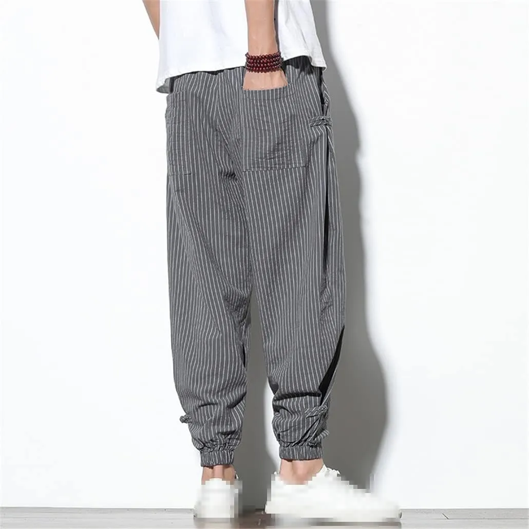 keusyoi Spring Summer Striped Harem Pants Mens Breathable Cotton Linen Pencil Pants Casual Beach Trousers