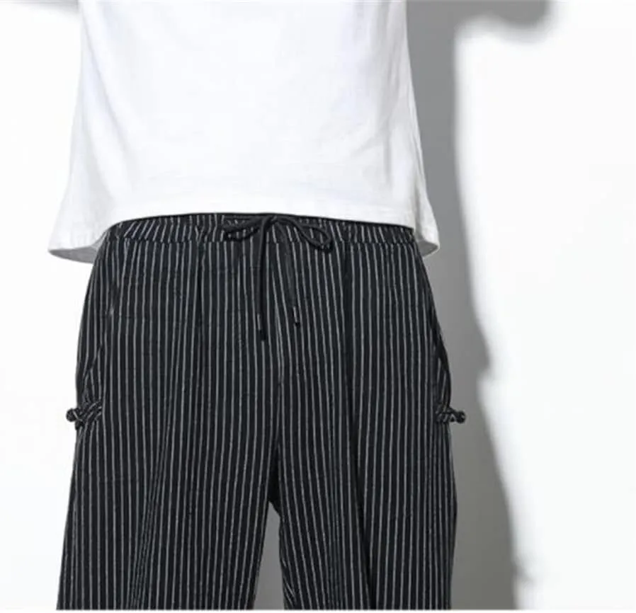keusyoi Spring Summer Striped Harem Pants Mens Breathable Cotton Linen Pencil Pants Casual Beach Trousers