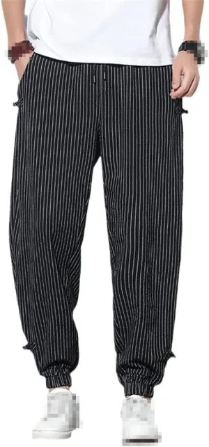 keusyoi Spring Summer Striped Harem Pants Mens Breathable Cotton Linen Pencil Pants Casual Beach Trousers