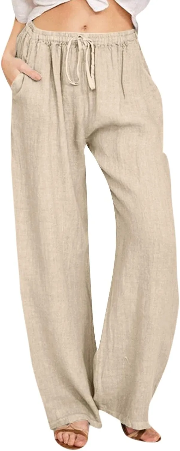KIKX0DE Women's Fashion 2025 Linen Pants Summer Casual Wide Leg Loose Drawstring Trousers with Pockets