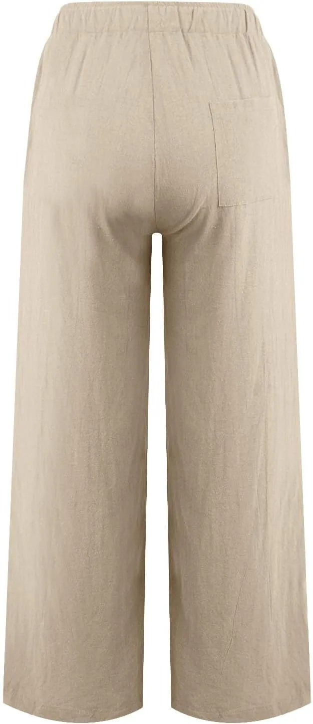 KIKX0DE Women's Fashion 2025 Linen Pants Summer Casual Wide Leg Loose Drawstring Trousers with Pockets