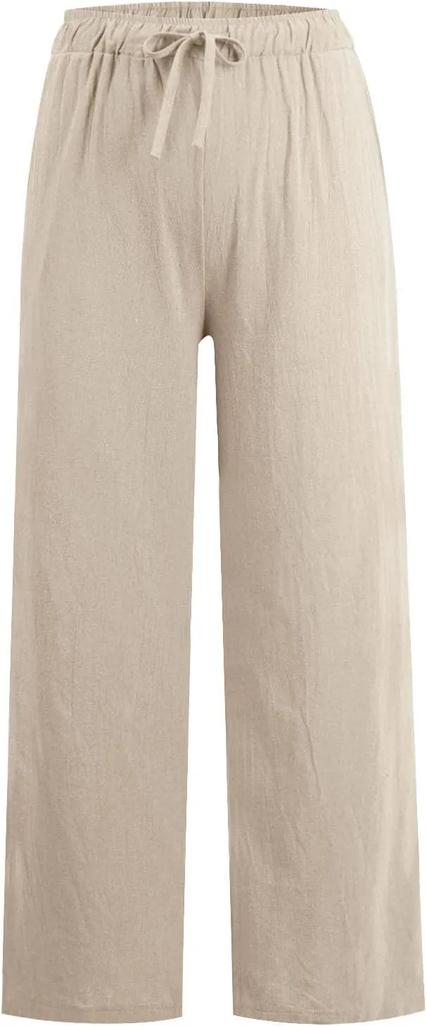 KIKX0DE Women's Fashion 2025 Linen Pants Summer Casual Wide Leg Loose Drawstring Trousers with Pockets