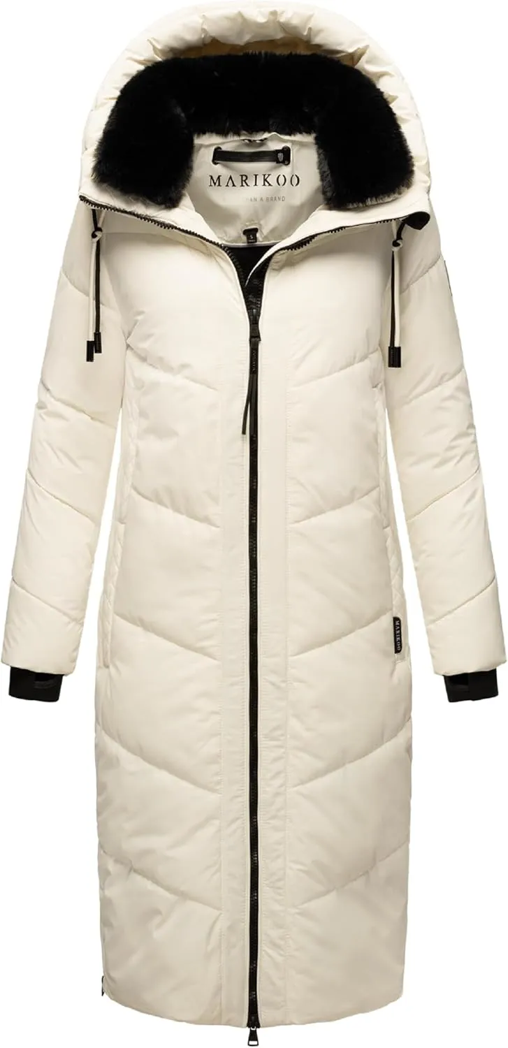 Ladies Long Winter Coat with Hood & Detachable Faux Fur Collar | Quilted Jacket for Women | Nadaree XVI XS-XXL