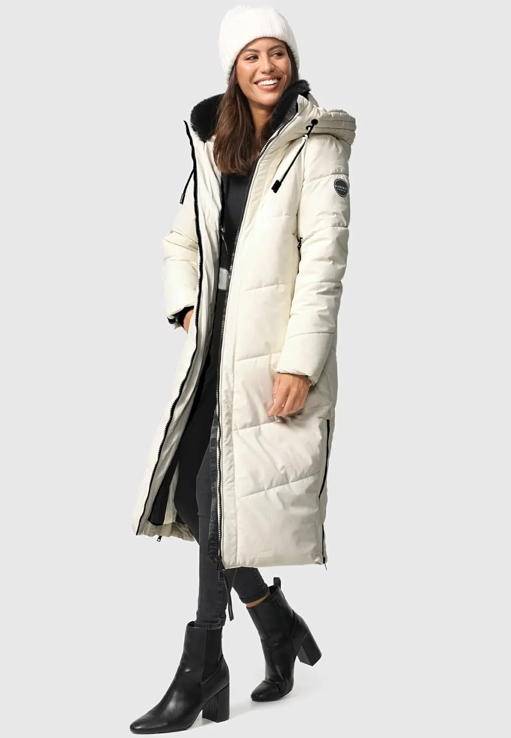 Ladies Long Winter Coat with Hood & Detachable Faux Fur Collar | Quilted Jacket for Women | Nadaree XVI XS-XXL
