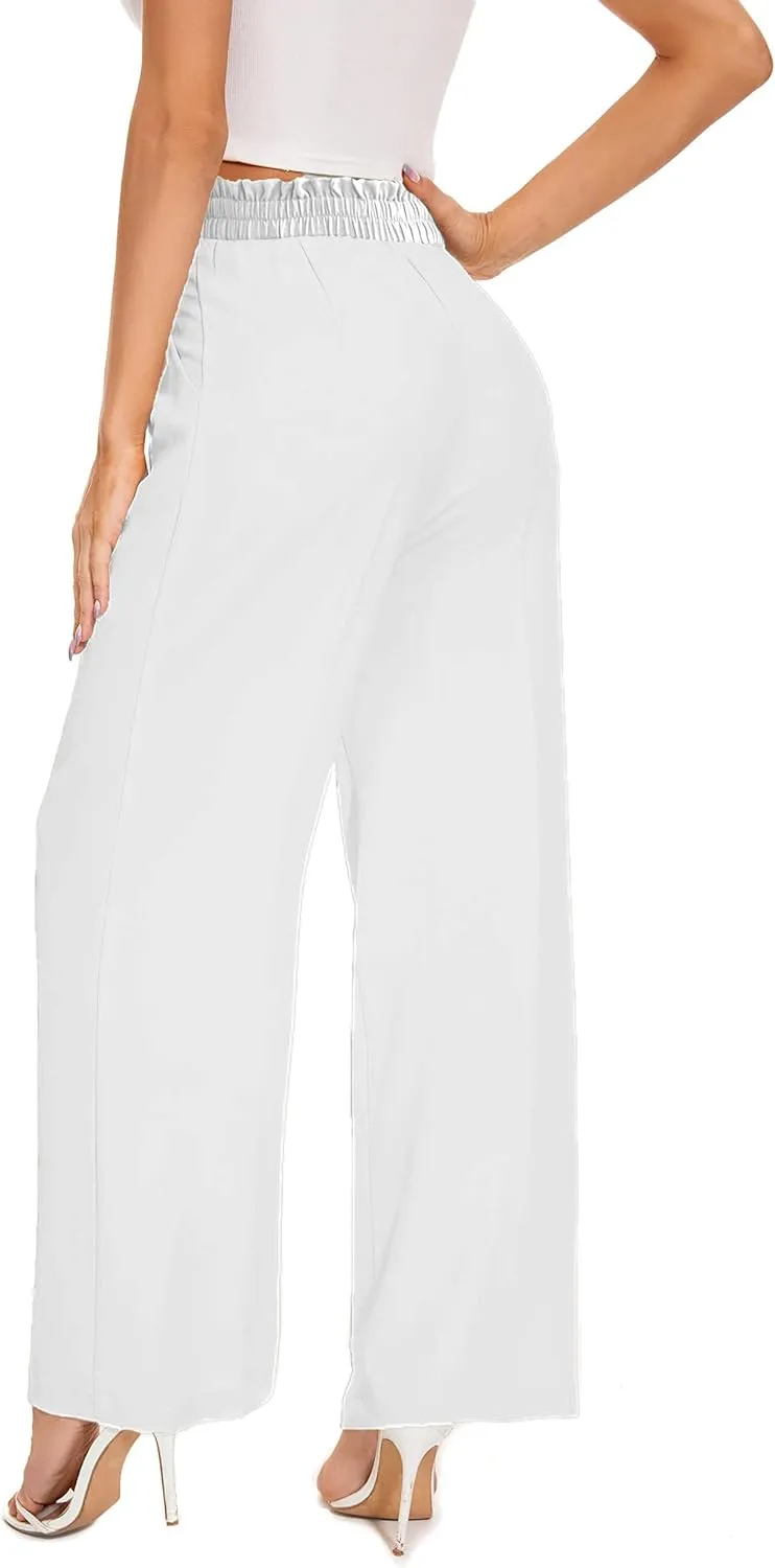 LaiyiVic Women's Wide Leg Dress Pants High Waisted Adjustable Tie Knot Loose Comfy Business Casual Work Trousers with Pockets
