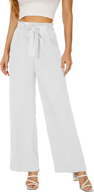 LaiyiVic Women's Wide Leg Dress Pants High Waisted Adjustable Tie Knot Loose Comfy Business Casual Work Trousers with Pockets