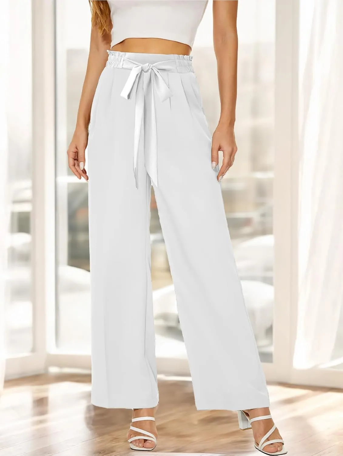 LaiyiVic Women's Wide Leg Dress Pants High Waisted Adjustable Tie Knot Loose Comfy Business Casual Work Trousers with Pockets