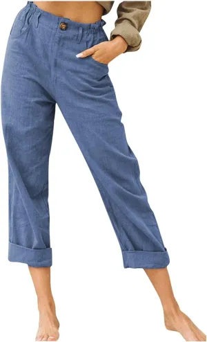 Lastesso Linen Pants Women Spring Summer Lounge Capris Vintage High Waist Straight Cotton Linen Pants Loose Ladies Trouser