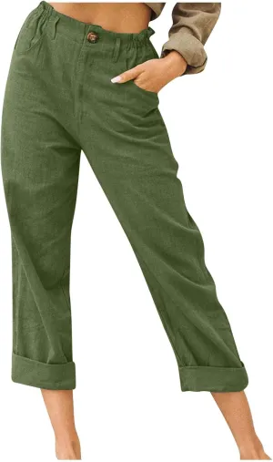 Lastesso Linen Pants Women Spring Summer Lounge Capris Vintage High Waist Straight Cotton Linen Pants Loose Ladies Trouser
