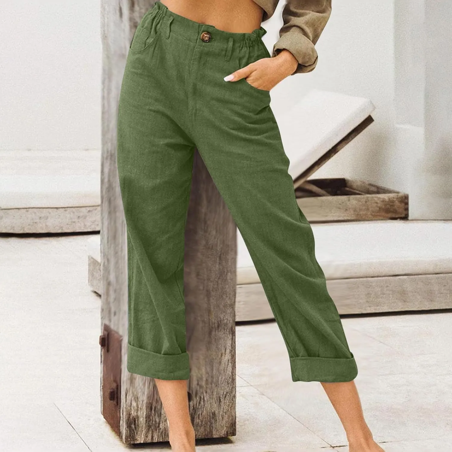 Lastesso Linen Pants Women Spring Summer Lounge Capris Vintage High Waist Straight Cotton Linen Pants Loose Ladies Trouser