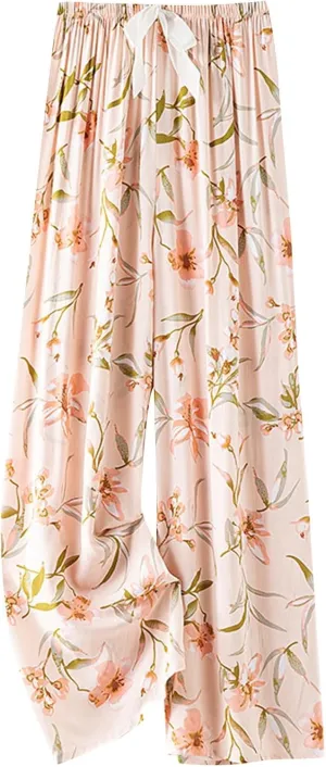 Lastesso Palazzo Pants for Women Fashion Floral Print Summer Lounge Trousers Bow-Knot High Waist Elastic Waistband Pants