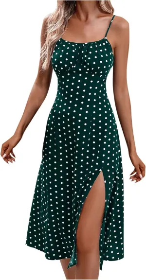 Lastesso Summer Dresses for Women 2024 Spaghetti Strap Tiered Flowy Beach Long Dress Polka Dots Side Split Maxi Sundresses