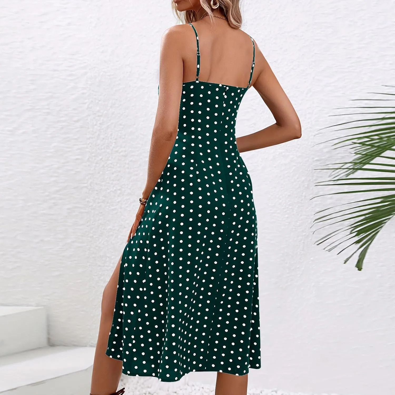 Lastesso Summer Dresses for Women 2024 Spaghetti Strap Tiered Flowy Beach Long Dress Polka Dots Side Split Maxi Sundresses