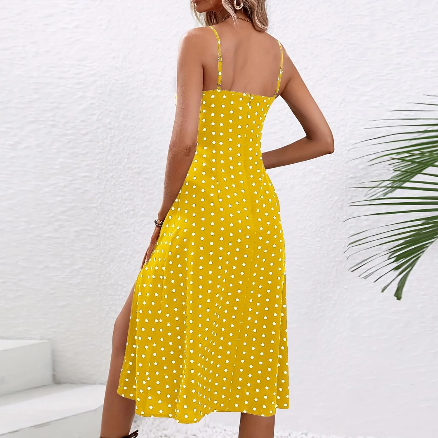 Lastesso Summer Dresses for Women 2024 Spaghetti Strap Tiered Flowy Beach Long Dress Polka Dots Side Split Maxi Sundresses