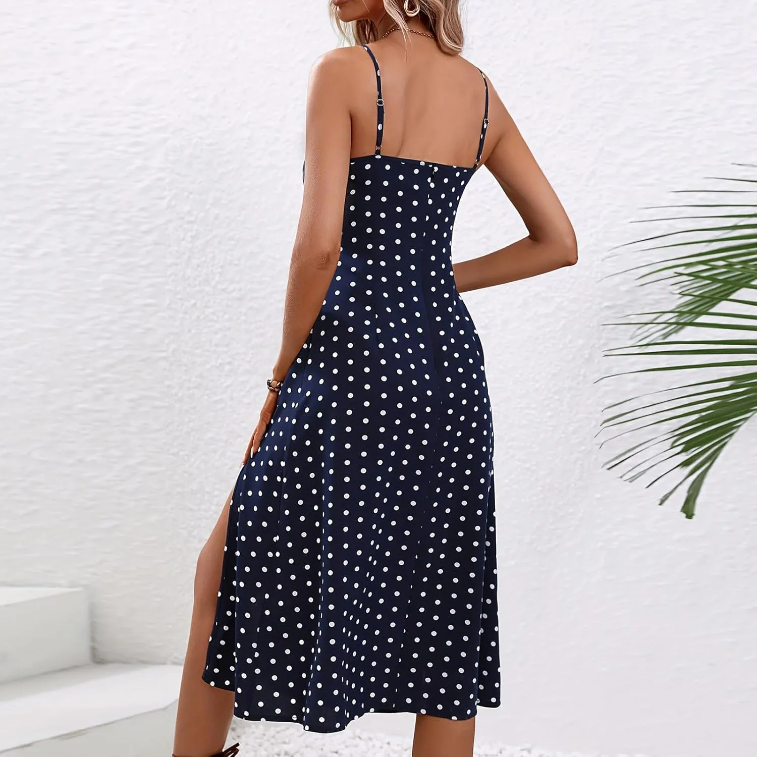 Lastesso Summer Dresses for Women 2024 Spaghetti Strap Tiered Flowy Beach Long Dress Polka Dots Side Split Maxi Sundresses