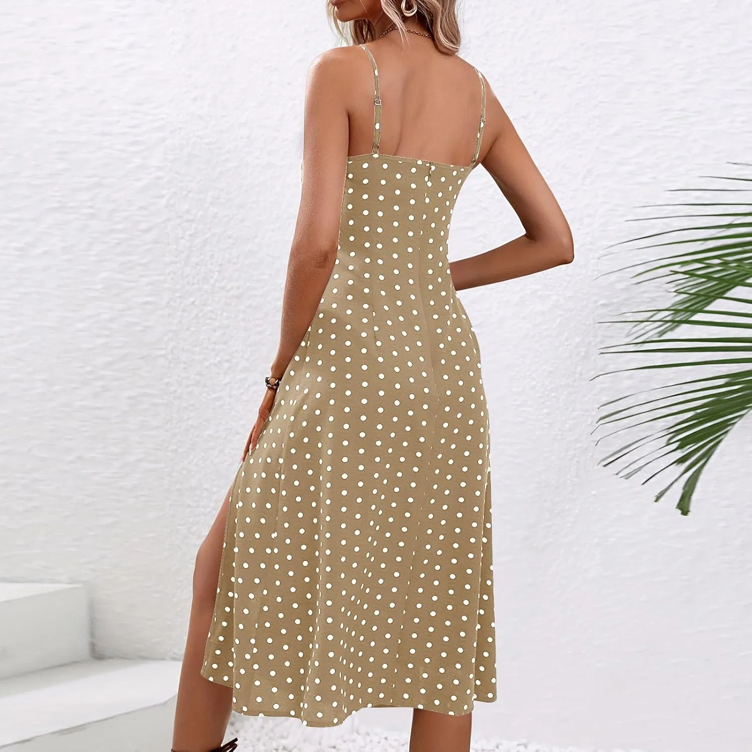 Lastesso Summer Dresses for Women 2024 Spaghetti Strap Tiered Flowy Beach Long Dress Polka Dots Side Split Maxi Sundresses
