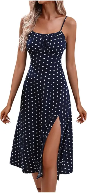 Lastesso Summer Dresses for Women 2024 Spaghetti Strap Tiered Flowy Beach Long Dress Polka Dots Side Split Maxi Sundresses